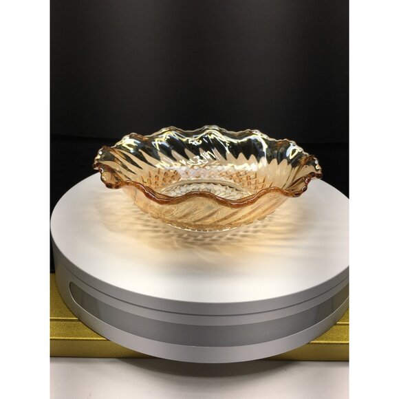 Vintage Indiana Carnival Amber Glass Bowl Round Scalloped Edged 7.5" - Picture 4 of 13